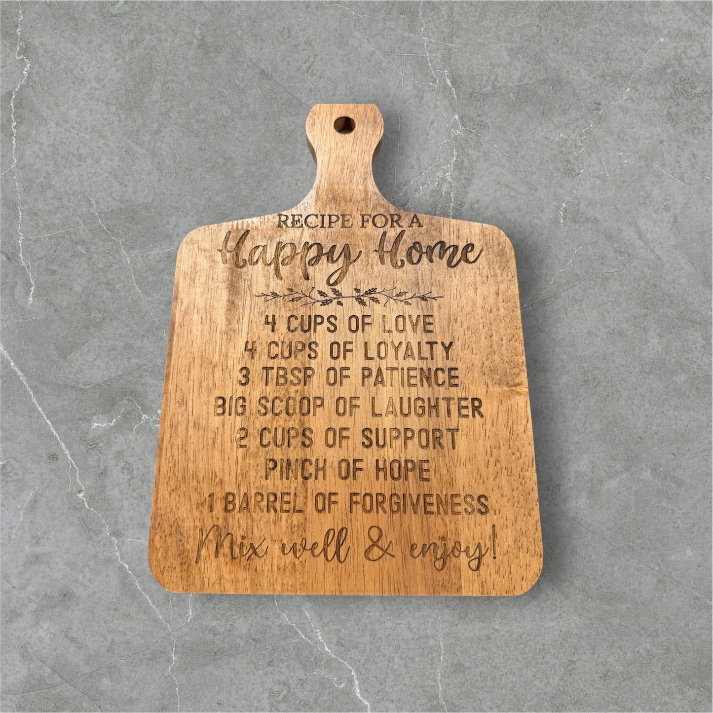 Recipe for a Happy Home Wooden Cutting Board Sign | Engraved Farmhouse Kitchen Decor | Meaningful Housewarming Gift