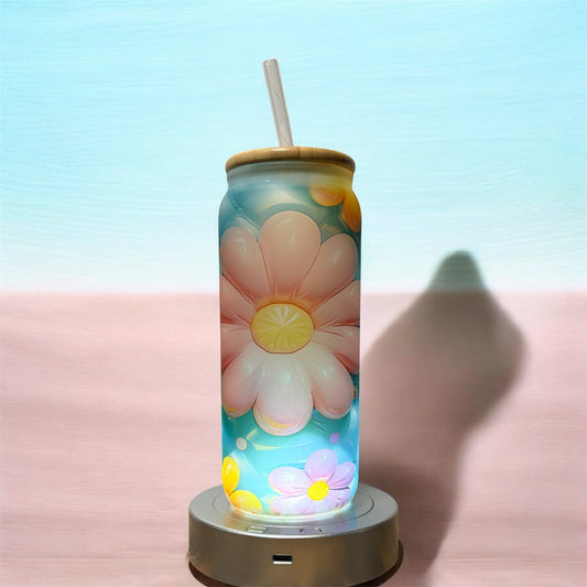 🌻 Glass Beer Can Tumbler with Bamboo Lid & Straw