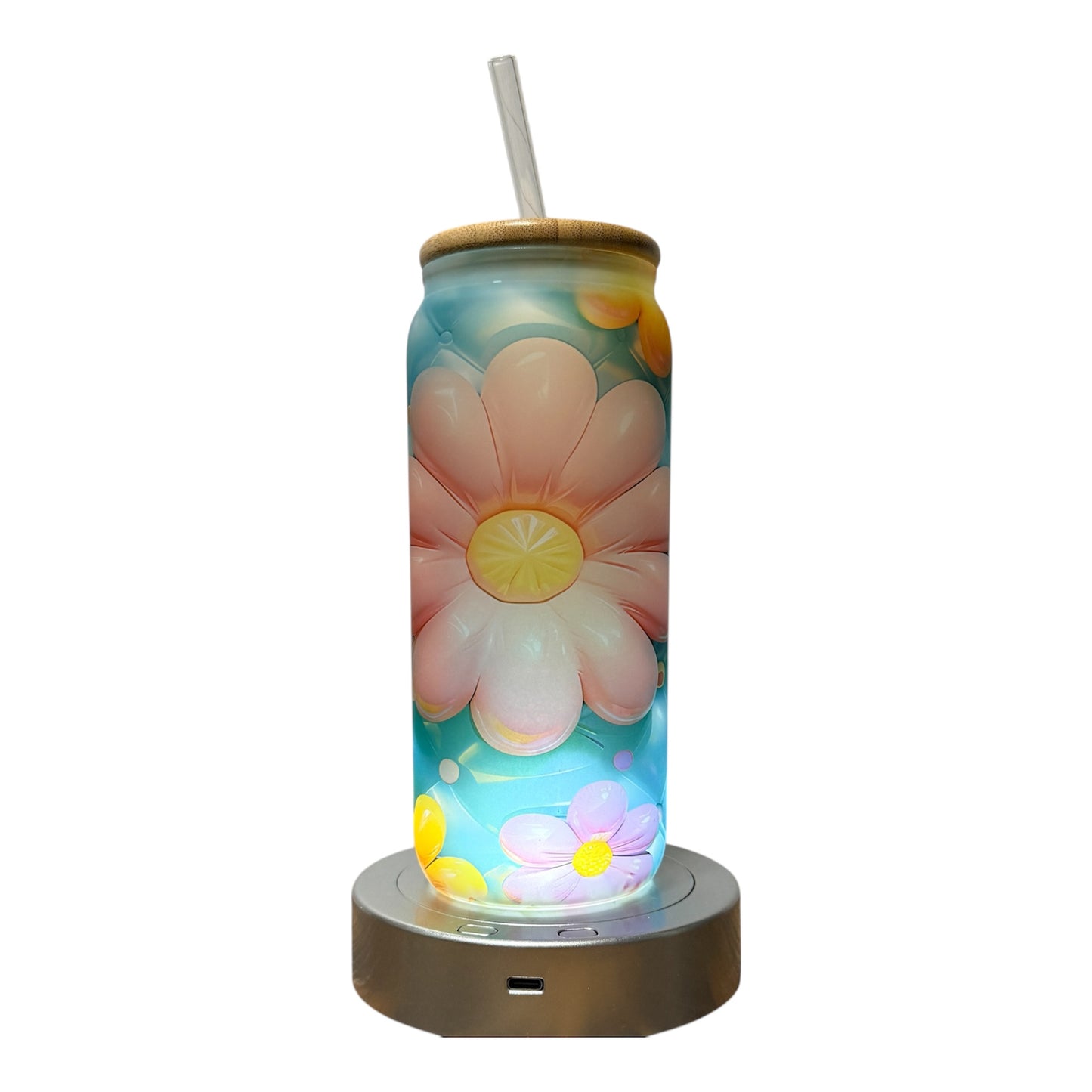 🌻 Glass Beer Can Tumbler with Bamboo Lid & Straw