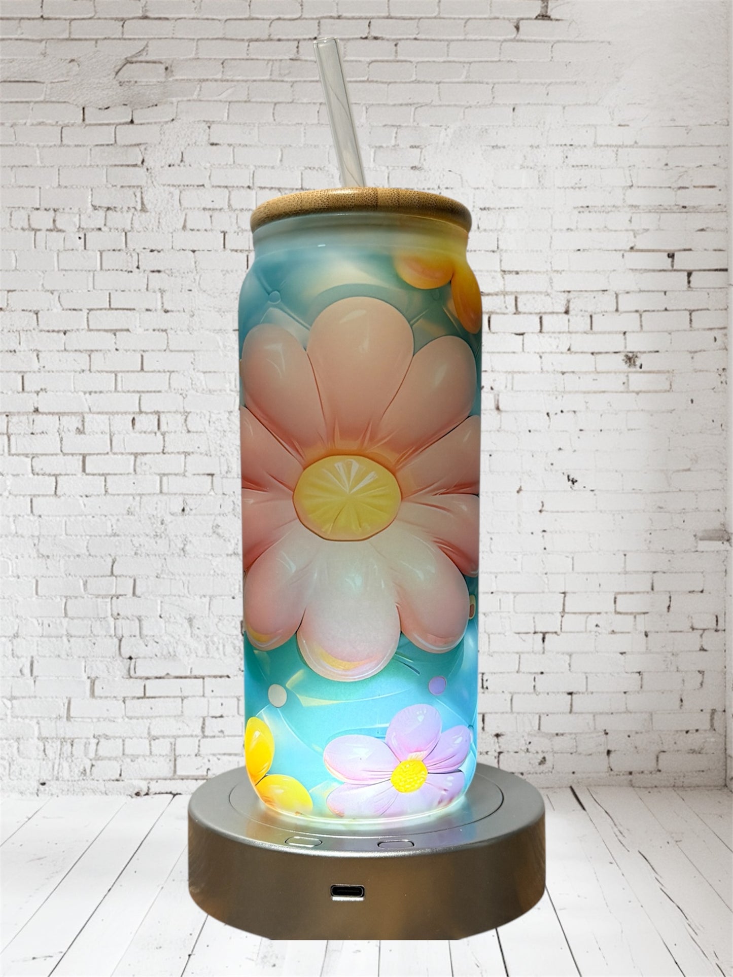 🌻 Glass Beer Can Tumbler with Bamboo Lid & Straw