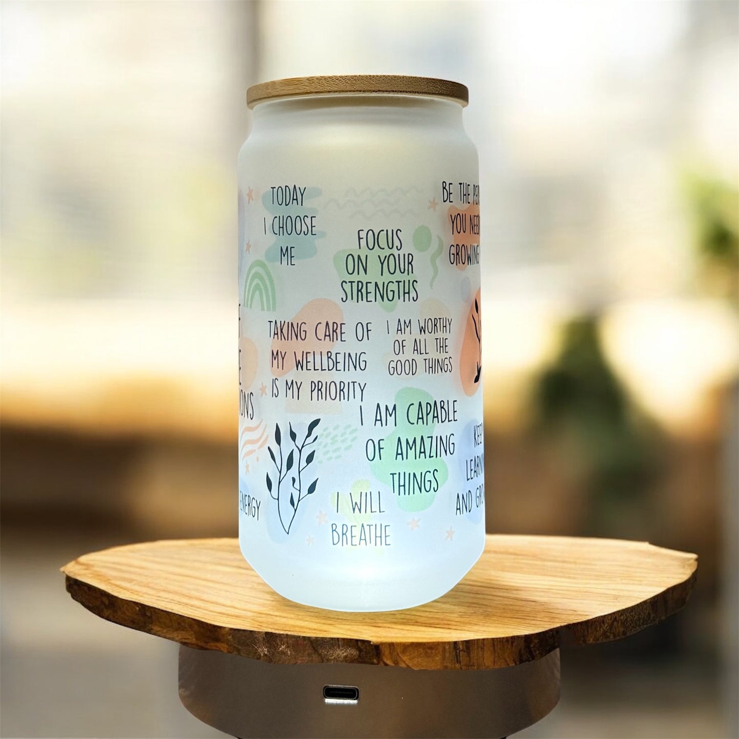 🌻 Glass Beer Can Tumbler with Bamboo Lid & Straw