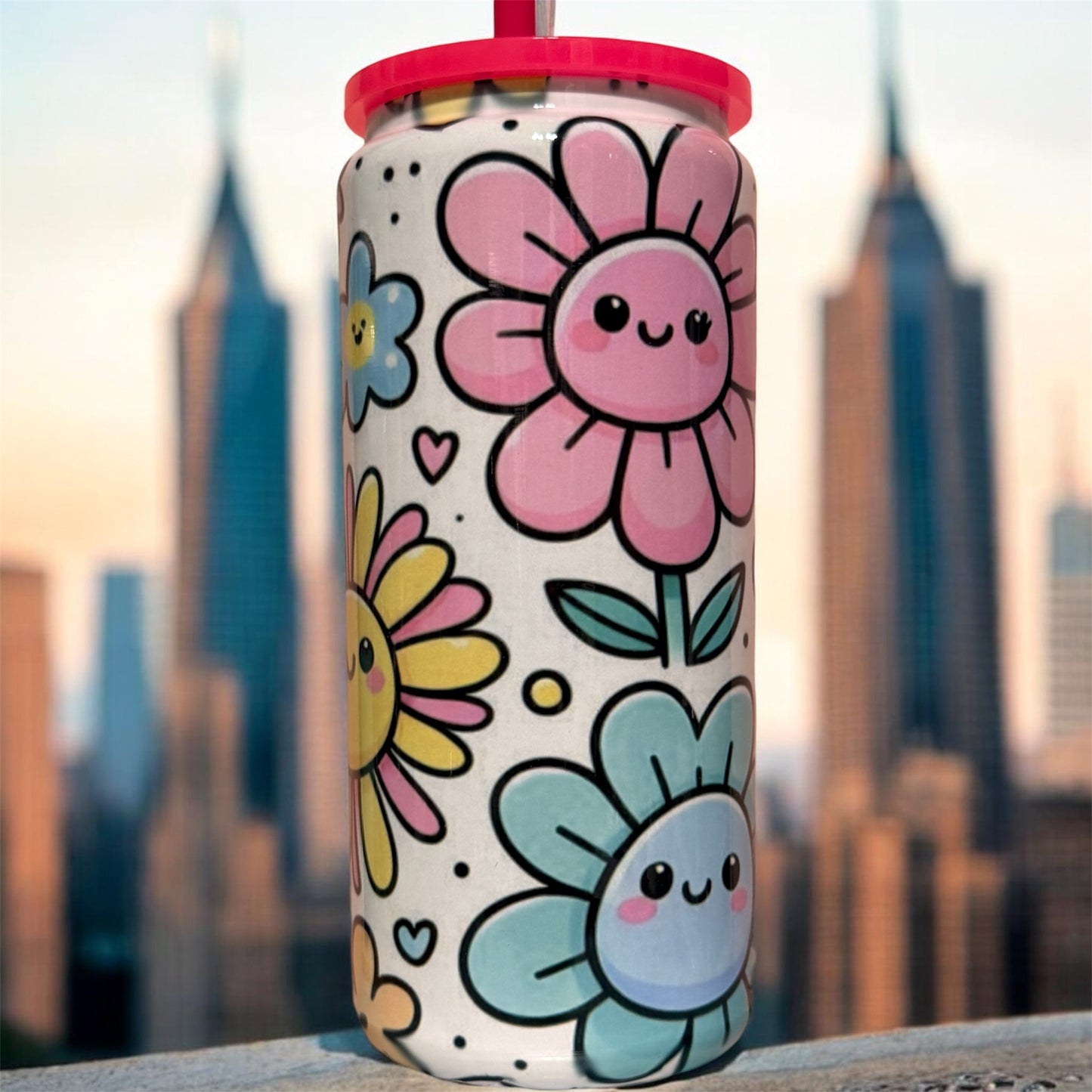Retro Happy Face Flower Tumbler – 20oz Stainless Steel Beer Can Tumbler