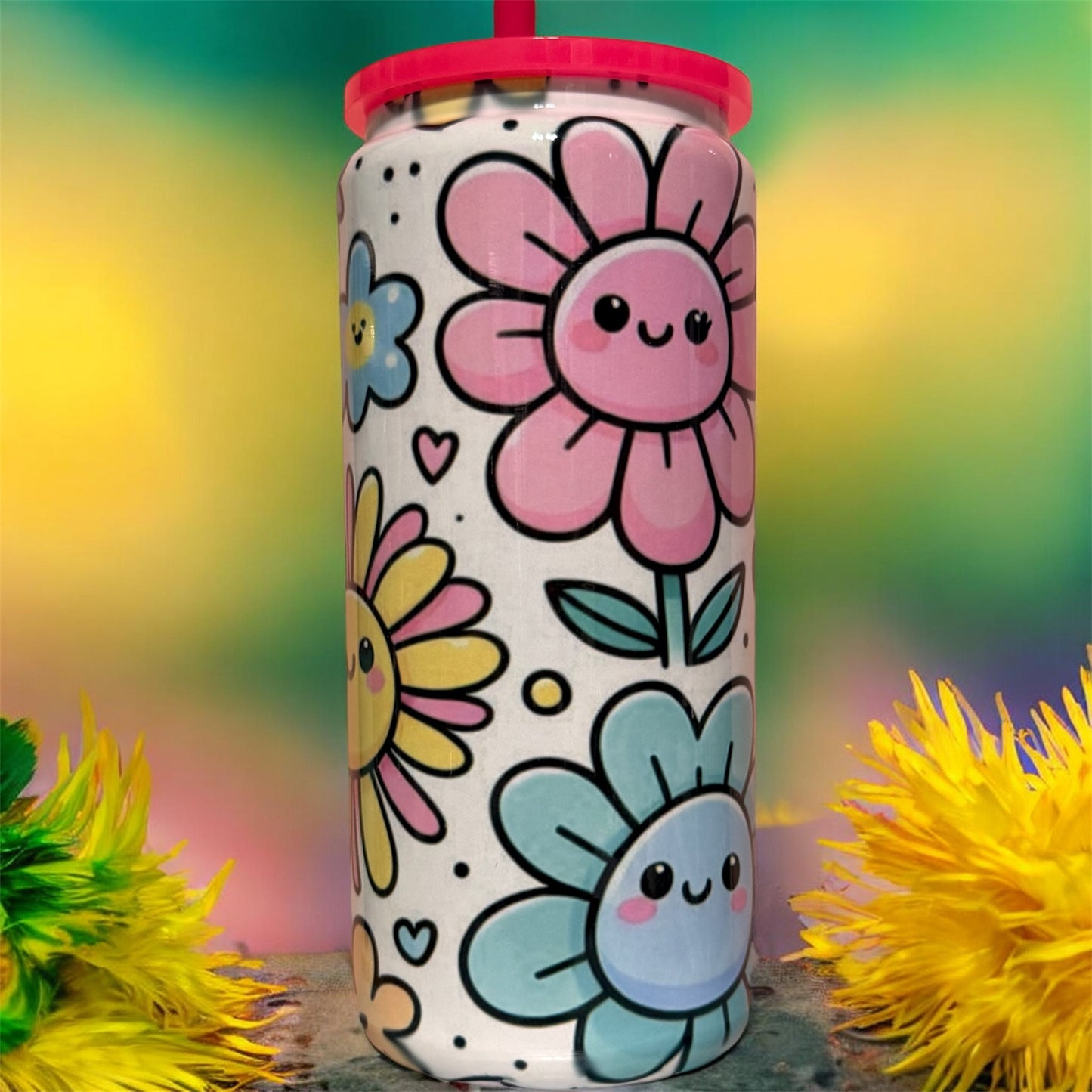 Retro Happy Face Flower Tumbler – 20oz Stainless Steel Beer Can Tumbler