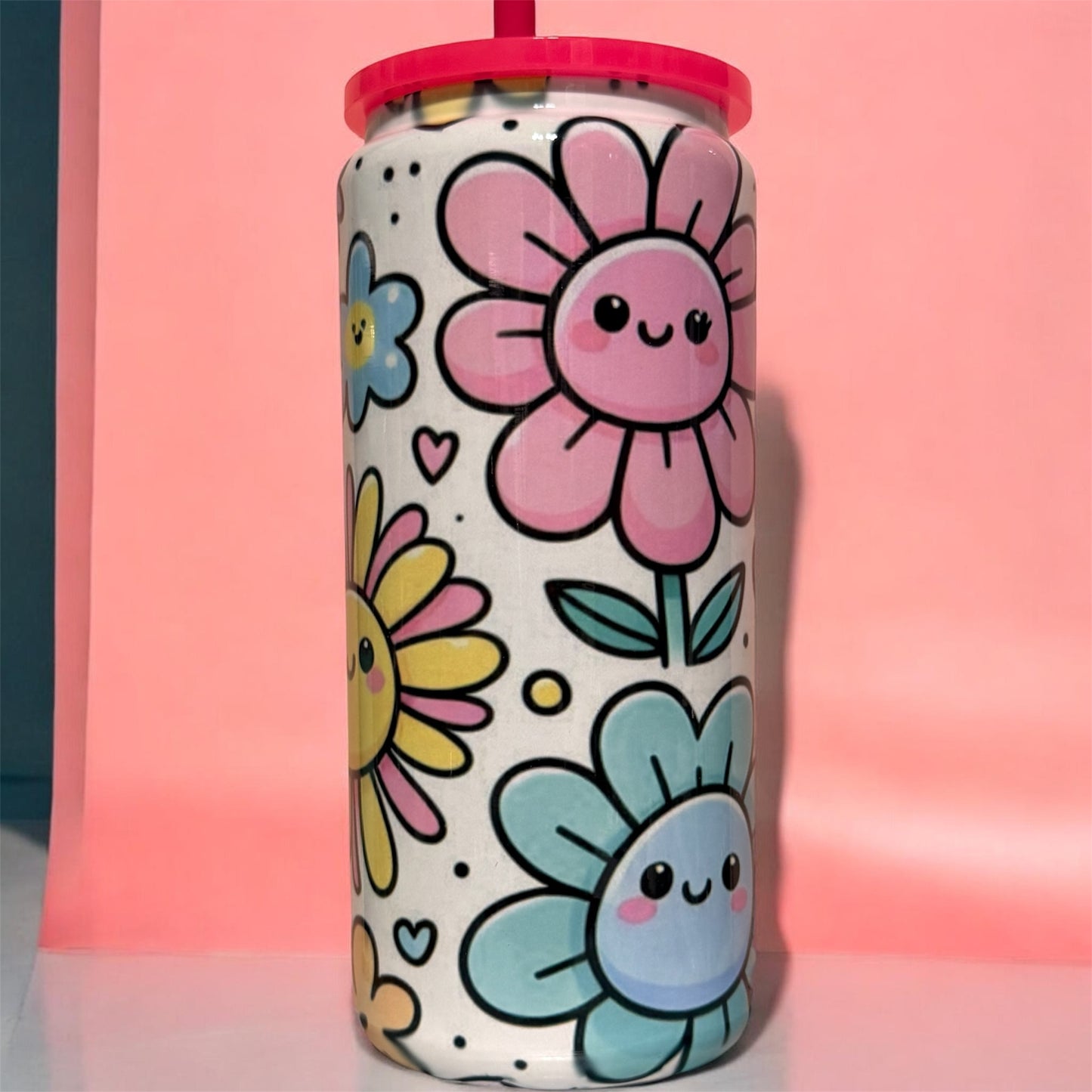 Retro Happy Face Flower Tumbler – 20oz Stainless Steel Beer Can Tumbler