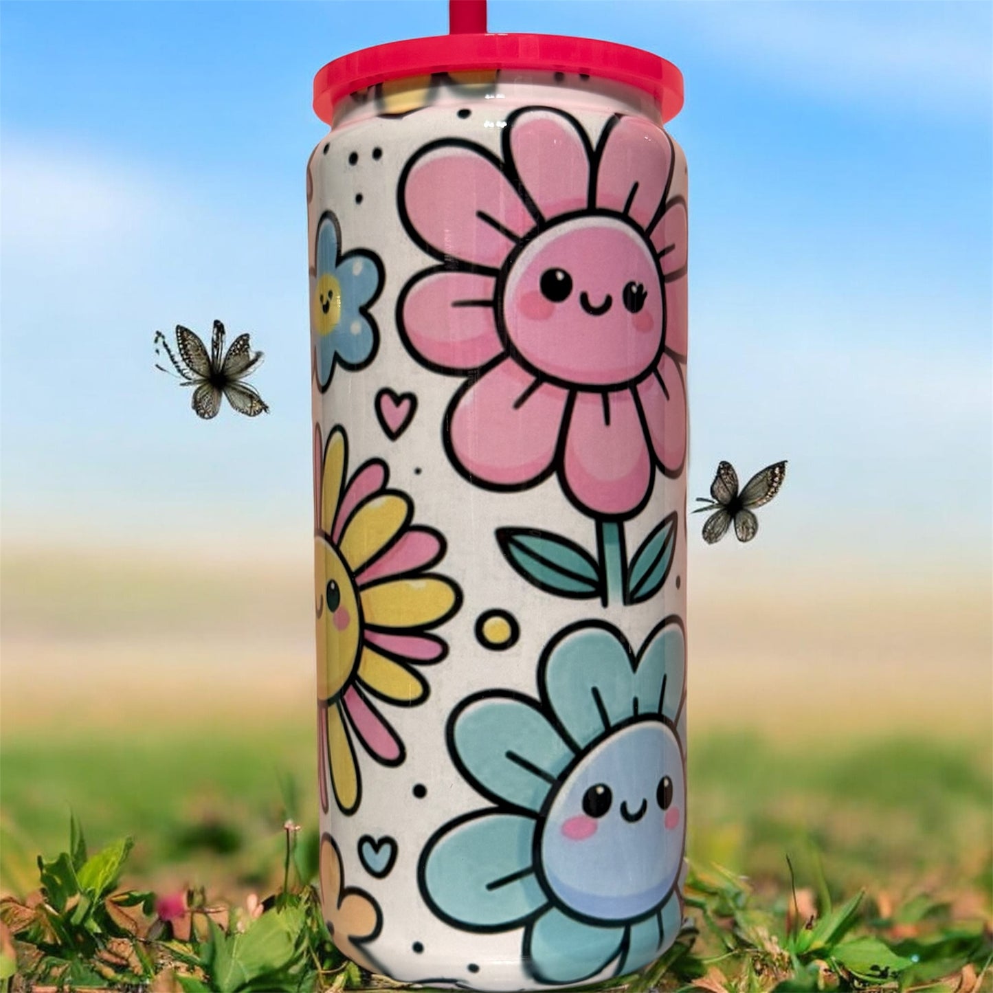 Retro Happy Face Flower Tumbler – 20oz Stainless Steel Beer Can Tumbler
