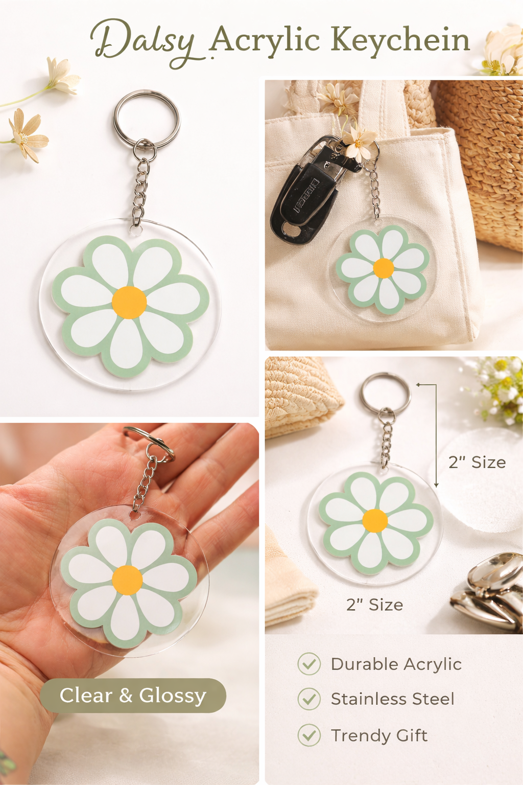 Retro Daisy Acrylic Keychain | Cute Floral Keychain | Personalized Gift | Trendy Bag Charm
