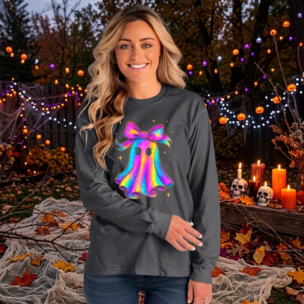 "Float into Fun! 👻 Embrace the Rainbow Iridescent Ghost Sweatshirt!"