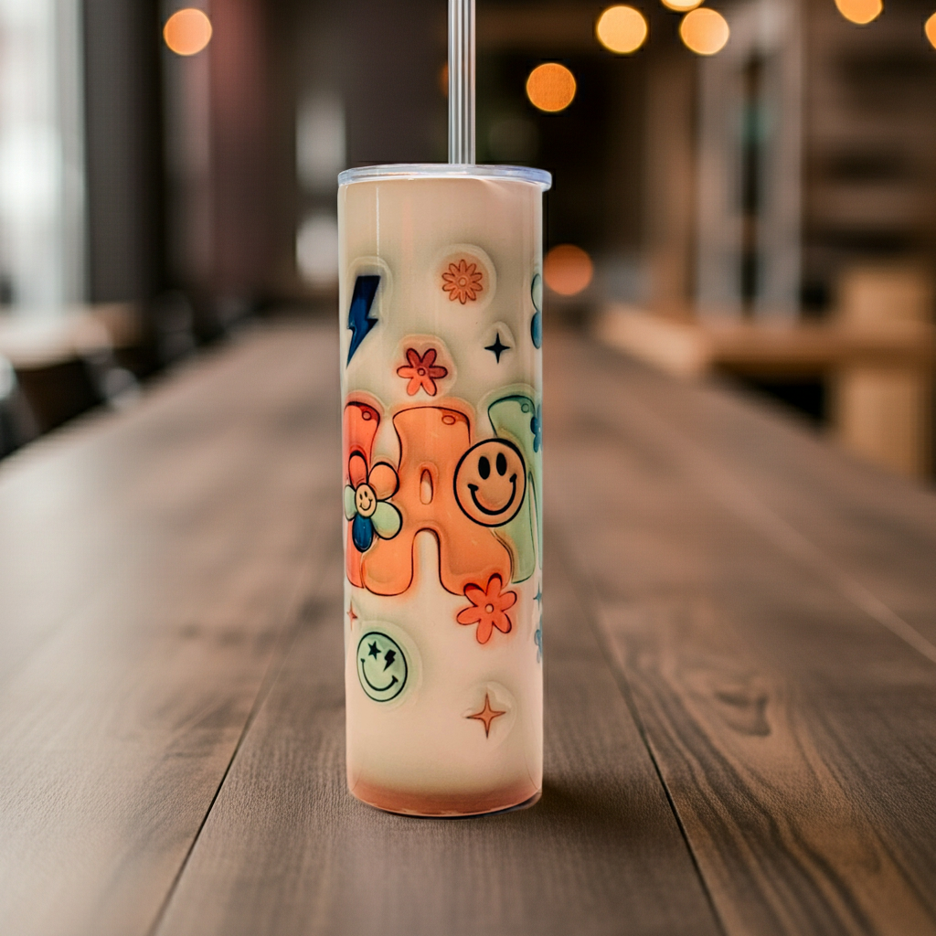 30oz Stainless Steel Sublimated MAMA Tumbler with Retro Smiley Faces, Flowers & Stars
