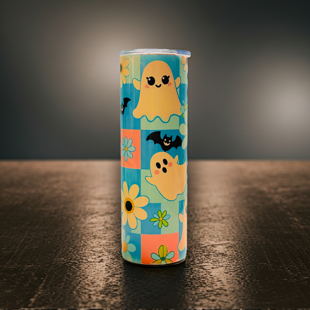 👻 30oz Sublimated Tumbler – Ghosts, Bats & Daisies Design