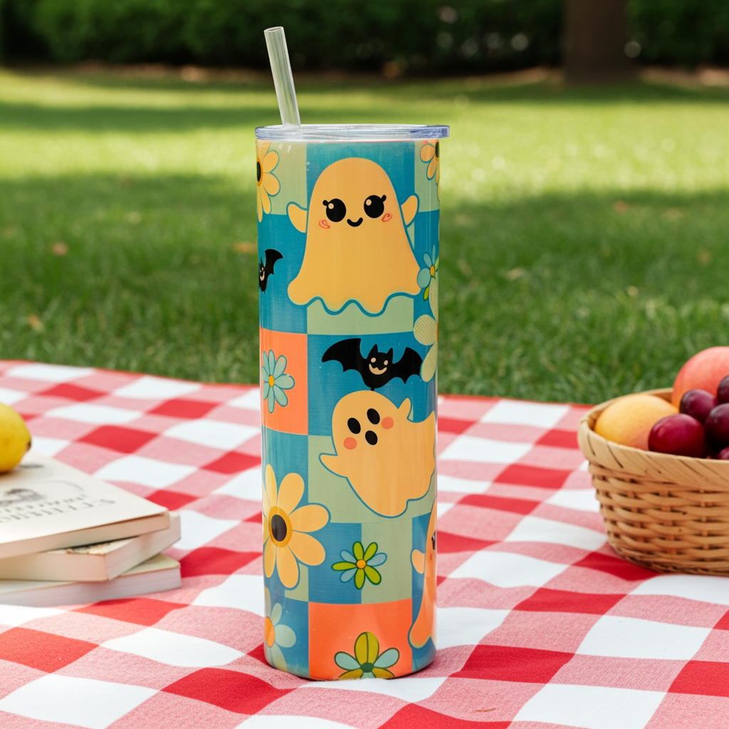 👻 30oz Sublimated Tumbler – Ghosts, Bats & Daisies Design