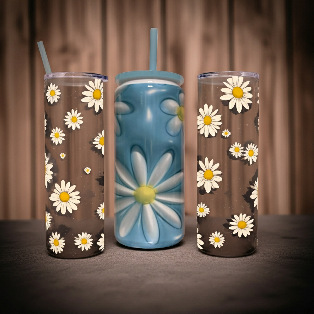 Blue Daisy Beer Can Stainless Steel – 20 oz Floral Aesthetic Tumbler with Lid & Straw