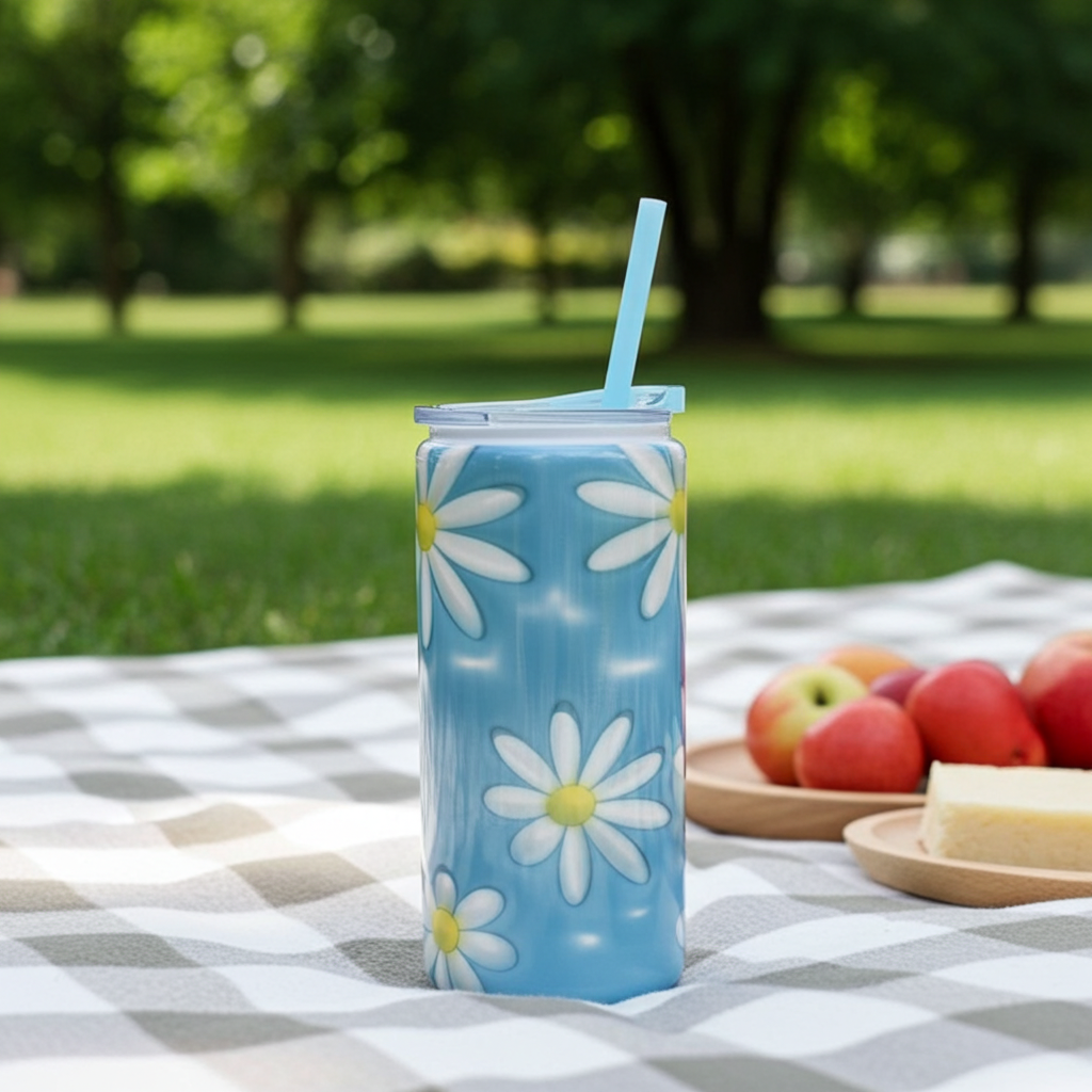 Blue Daisy Beer Can Stainless Steel – 20 oz Floral Aesthetic Tumbler with Lid & Straw