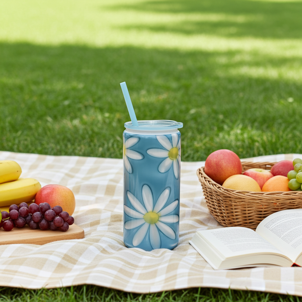 Blue Daisy Beer Can Stainless Steel – 20 oz Floral Aesthetic Tumbler with Lid & Straw