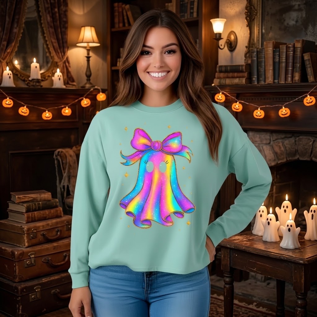 "Float into Fun! 👻 Embrace the Rainbow Iridescent Ghost Sweatshirt!"