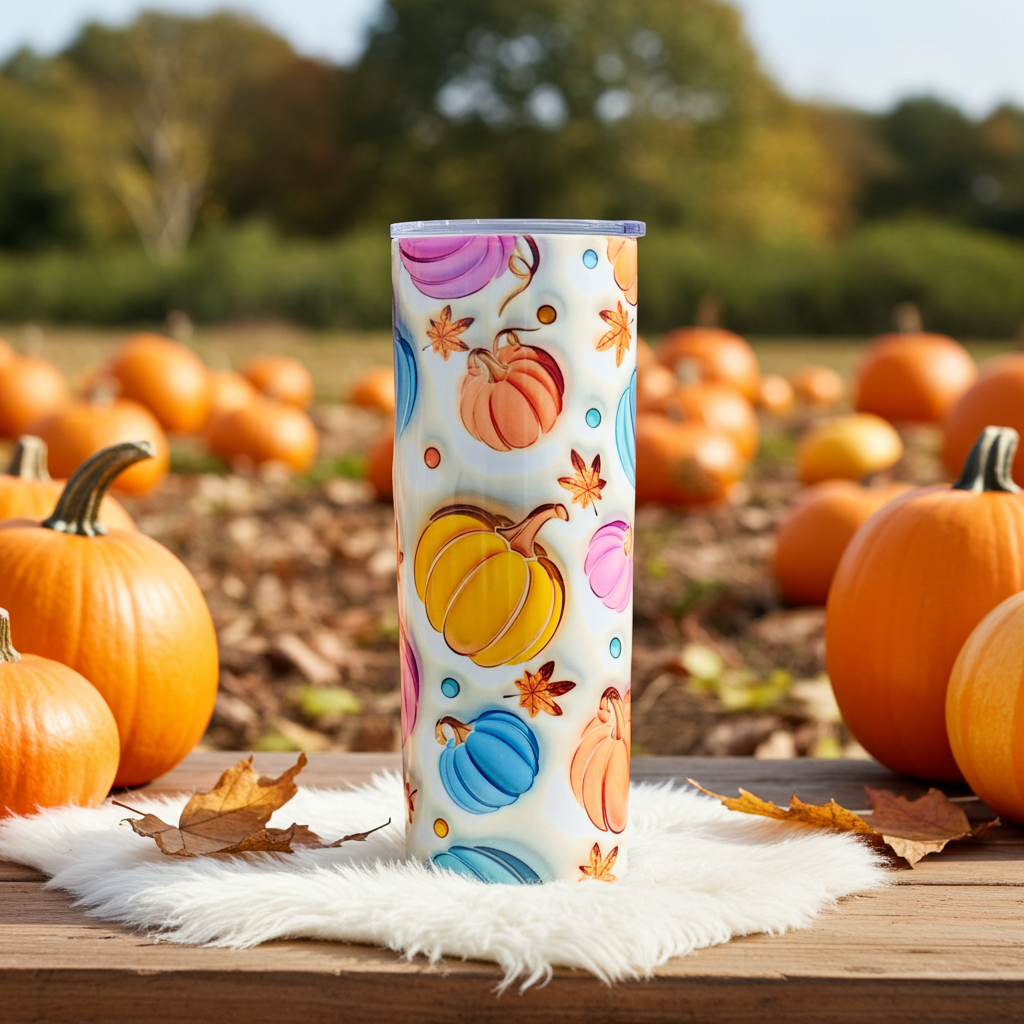 30oz Stainless Steel Sublimated Tumbler – 3D Pumpkin Full Wrap in Blue, Orange, Yellow & Pink