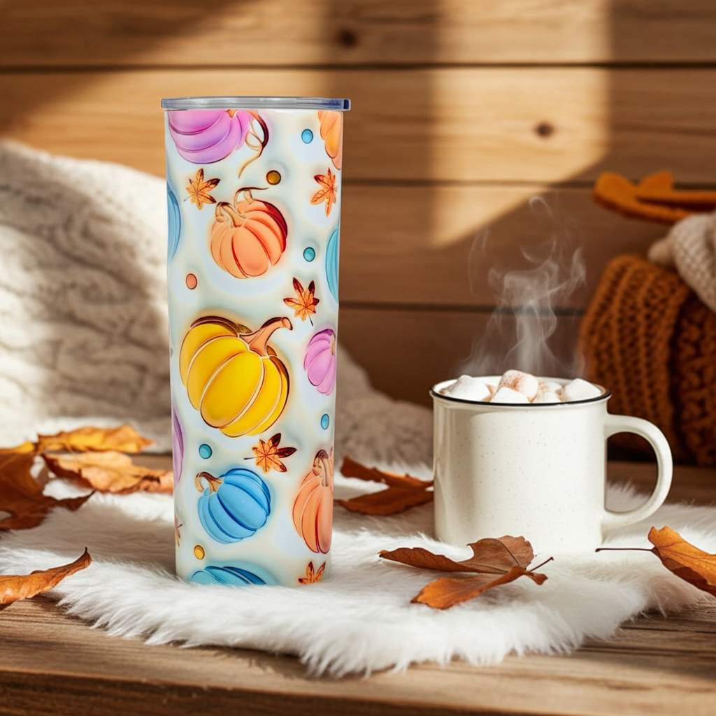 30oz Stainless Steel Sublimated Tumbler – 3D Pumpkin Full Wrap in Blue, Orange, Yellow & Pink