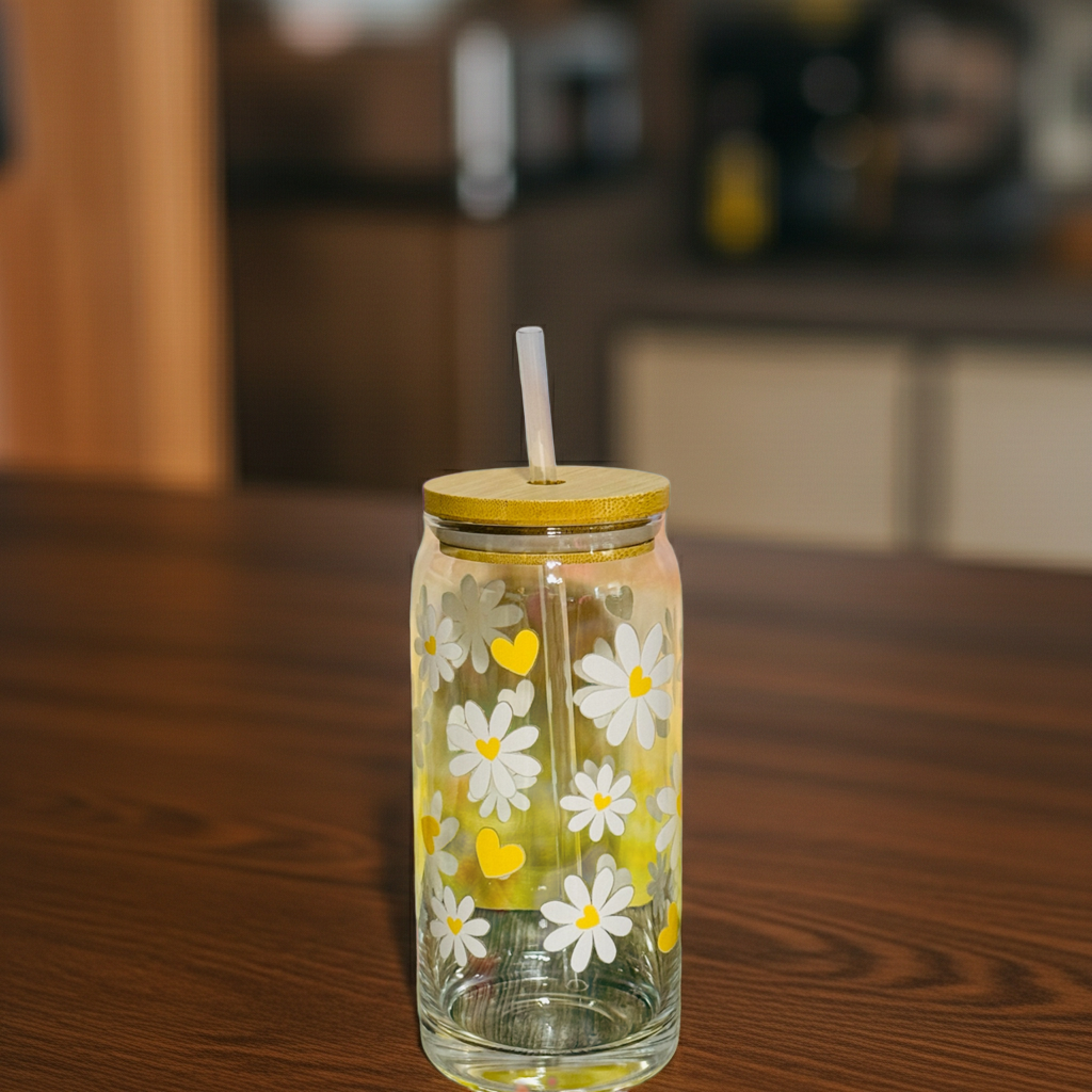 ✨ 20oz Glass Beer Can Tumbler – White Flowers with Yellow Hearts ✨