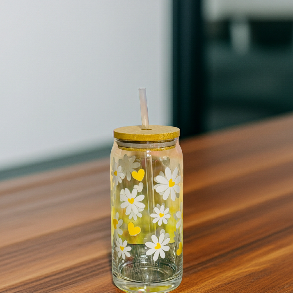 ✨ 20oz Glass Beer Can Tumbler – White Flowers with Yellow Hearts ✨