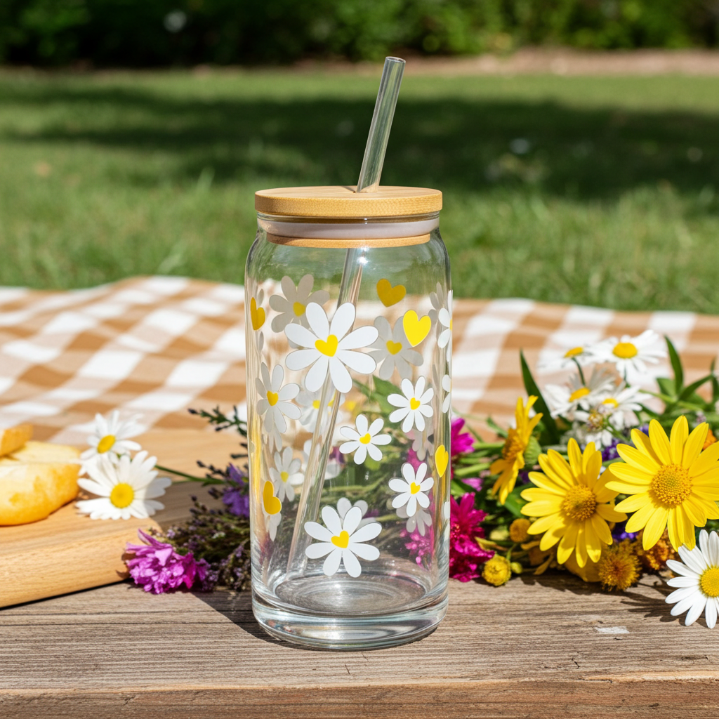 ✨ 20oz Glass Beer Can Tumbler – White Flowers with Yellow Hearts ✨