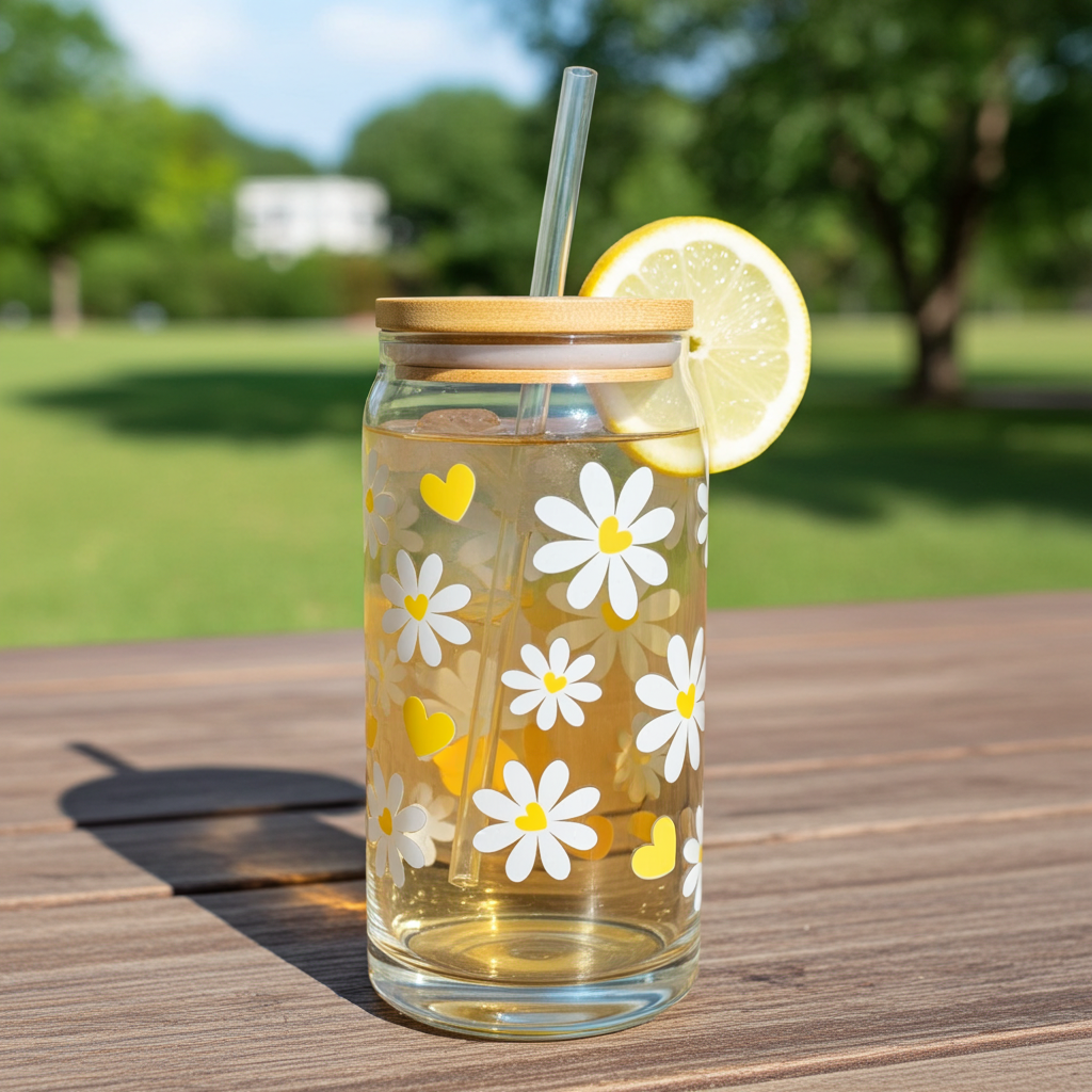 ✨ 20oz Glass Beer Can Tumbler – White Flowers with Yellow Hearts ✨