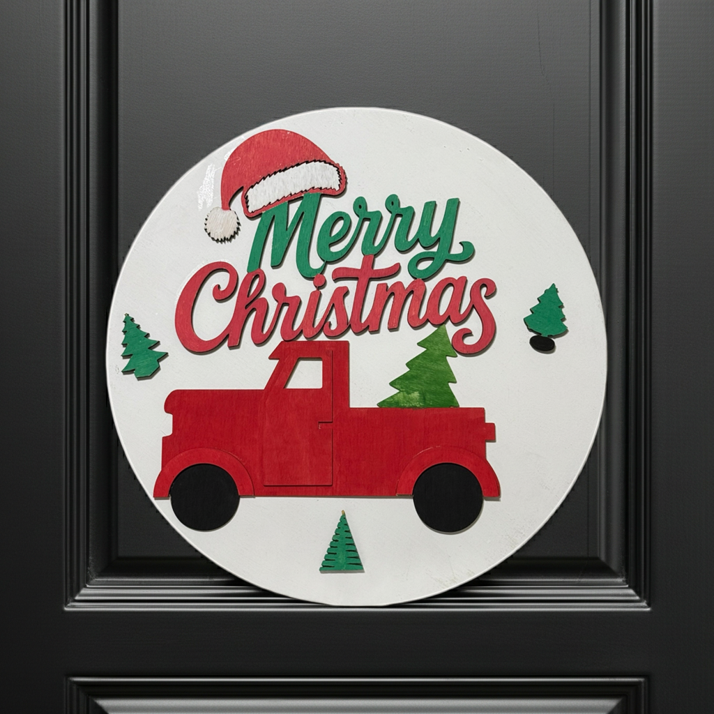 Merry Christmas Red Truck Door Hanger