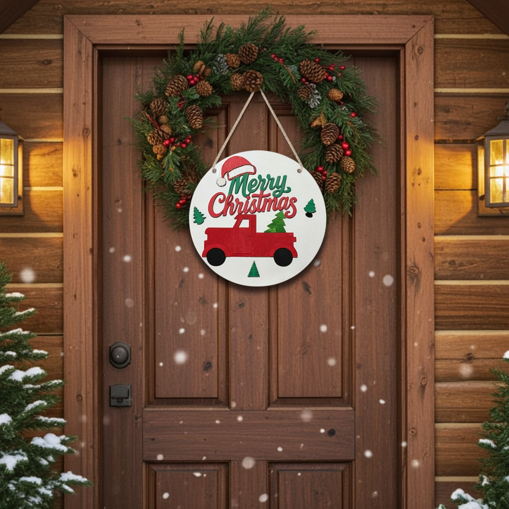 Merry Christmas Red Truck Door Hanger