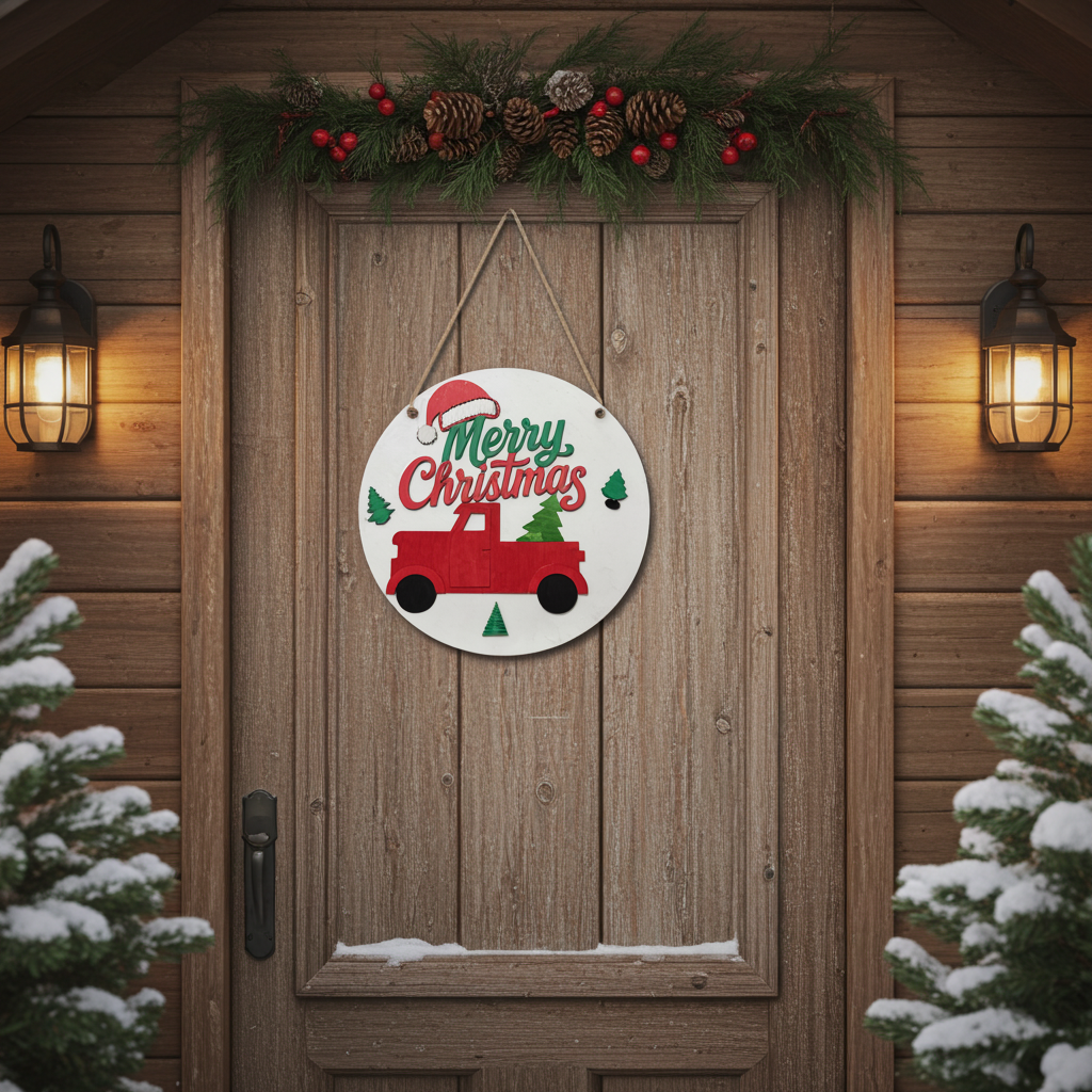 Merry Christmas Red Truck Door Hanger